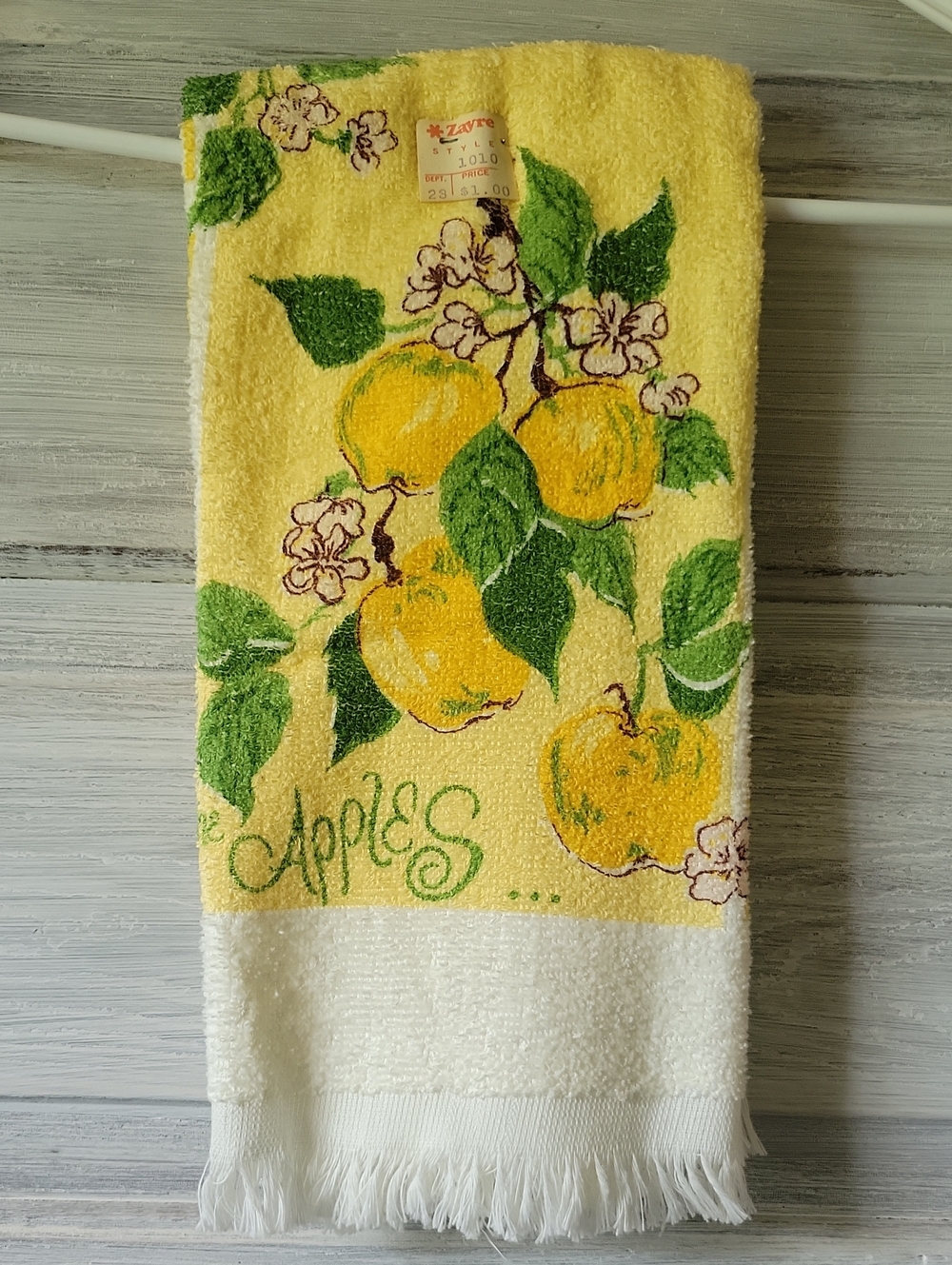 Vintage 1970s Zayre Terry Cloth Kitchen Towel  Fringed Yellow Apples Pears Retro